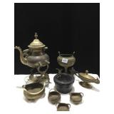 BRASS TEA POT WITH STAND, SMALL BOWLS ETC.