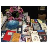 SPRING WREATH, BLUE GLASS CENTER PIECE BOWL,