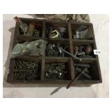 WOOD TOOL ORGANIZER BOX WITH ASSORTED HARDWARE,