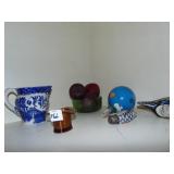 JIM GIBBS CARVED DUCK, AMBER GLASS HAT, BLUE AND