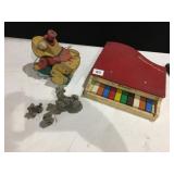 PORCELAIN POODLES, WOOD FROG PULL TOY AND TOY