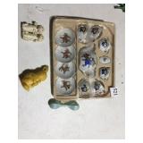 PLASTIC BABY RATTLES AND MADELINE TEA SET