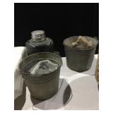 VINTAGE COOLER, 2 GALVANIZED BUCKETS FILLED WITH