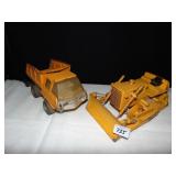 2 YELLOW TONKA TRUCKS, FLAT BED AND BOTTOM DUMPER