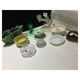 HAEGAR POTTERY CANDLE STICK HOLDERS, GLASS FLOWER