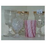 PATTERN GLASS WITH GOLD RIM, CRANBERRY GLASS,