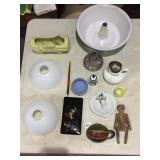 ENAMELED BUNDT PAN, GLASS SHADES, ETC.