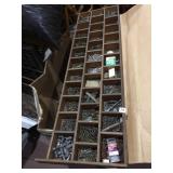 WOOD ORGANIZER BOX FILLED WITH ASSORTED HARDWARE,