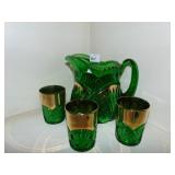 GREEN W/ GOLD PITCHER AND 3 GLASSES