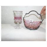 4" H X 6" W PATTERN GLASS CRANBERRY W/ CARRIER,