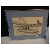 ORIGINAL NEVIN ROBINSON DRAWING OF BARGE ON RIVER