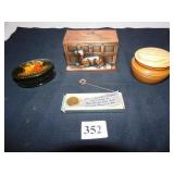 COPPER BANK WITH DOG, TWO TRINKET BOXES ONE BLACK