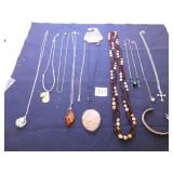 GROUP OF NECKLACES WITH PENDANTS, BRACELET, WOOD