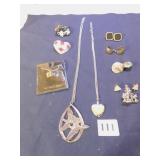 HEART PIN, THREE PAIR OF EARRINGS, TREE PIN, TINY