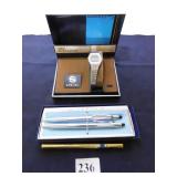 SPIEDEL WATCH IN BOX, CROSS PEN AND PENCIL SET