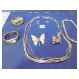 GOLD TONE NECKLACE, BUNNY PIN, BUTTERFLY PIN,