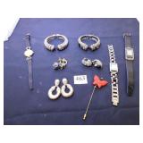 TWO SILVER TONE BRACELETS, TWO PAIR EARRINGS OF