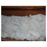 HUGE ASSORTMENT OF WHITE CURTAINS, LACE TRIM, POM