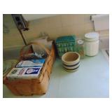 BASKET OF LIGHT BULBS, ROBINSON RANSBOTTOM CROCK,