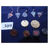 FIVE NFL FOOTBALL TEAM CHARMS, TWO TOKENS, FOUR