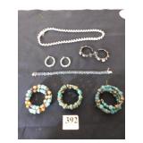 SILVER TONE NECKLACE, BLUE RHINESTONE BRACELET