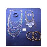 GOLD TONE MULTISTRAND CHAIN NECKLACE WITH BLUE