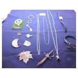 SILVER TONE CHAIN NECKLACES, ASSORTED PINS,