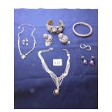 SILVER TONE BRACELET, LARGE EARRINGS, NECKLACE