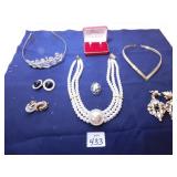 RHINESTONE TIARA, TRIPLE STRAND PEARLS WITH LARGE