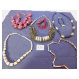 BEADED NECKLACE GROUP WITH WOOD BEADS, SILVER