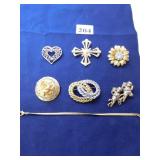 GROUP OF SIX PINS AND GOLD TONE BRACELET