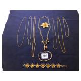 GROUP OF CHAIN NECKLACES, FLOWER PIN, GOLD TONE