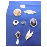 GROUP OF SEVEN PINS BROOCHES BAR PIN, LEAF,