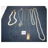 THREE PEARL NECKLACES, BLACK BEADED BRACELET,