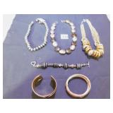 BEADED NECKLACES, TWO BRACELETS, BLACK GLASS