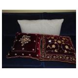 3 THROW PILLOWS, BEIGE AND 2 RED VELVET WITH GOLD