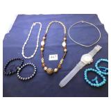 BEADED NECKLACES, GOLD TONE CHOKER, WATCH WITH