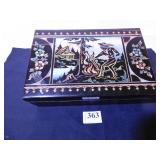 BLACK PAINTED WOOD BOX WITH CARVED AND COLORED