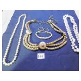 GOLD TONE METAL BEADED BELT, PEARL NECKLACES,
