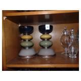 ANGLE MUSIC BOX, TALL GLAZED CANDLE HOLDERS, 1