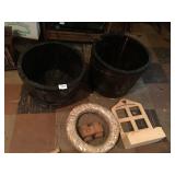BARREL PLANTERS, STRAW WREATH, ETC.