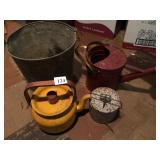 METAL WATERING CAN, ENAMEL TEA POT, GALVANIZED