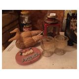 METAL MILK CRATE, MATCHES, LANTERN, AVON GOOSE