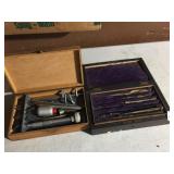 BRASS DRAWLING TOOLS, CALIPERS, IN BOX AND RAZOR
