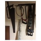 SQUARE, SAW WITH CARVED HANDLE, FLAGPOLE, HAMMER,