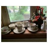 WOOD TREE, TEA CUPS, OIL LAMP BASE ELECTRIC