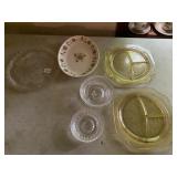 AMBER DIVIDED PLATES, PITCHER W/ GLASS MARBLES