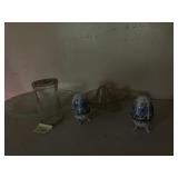 GLASS COTTAGE CHEESE BOTTLE, 2 HINGED EGGS,