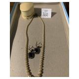 VINTAGE RING BOX, EARRINGS, FAUX PEARL NECKLACE