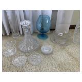 CANDLEWICK DISH LINER, DECANTER, BLUE PEDESTAL